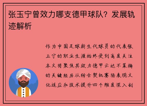 张玉宁曾效力哪支德甲球队？发展轨迹解析